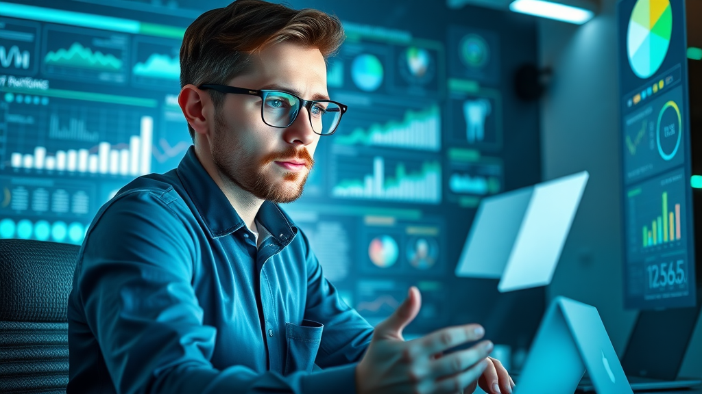 dental marketing analyst reviewing real-time social stats and dental marketing campaign analytics, dental social media marketing