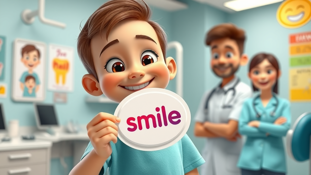engaged young dental patient holding up a smile reward in a contest at dental office, social media post