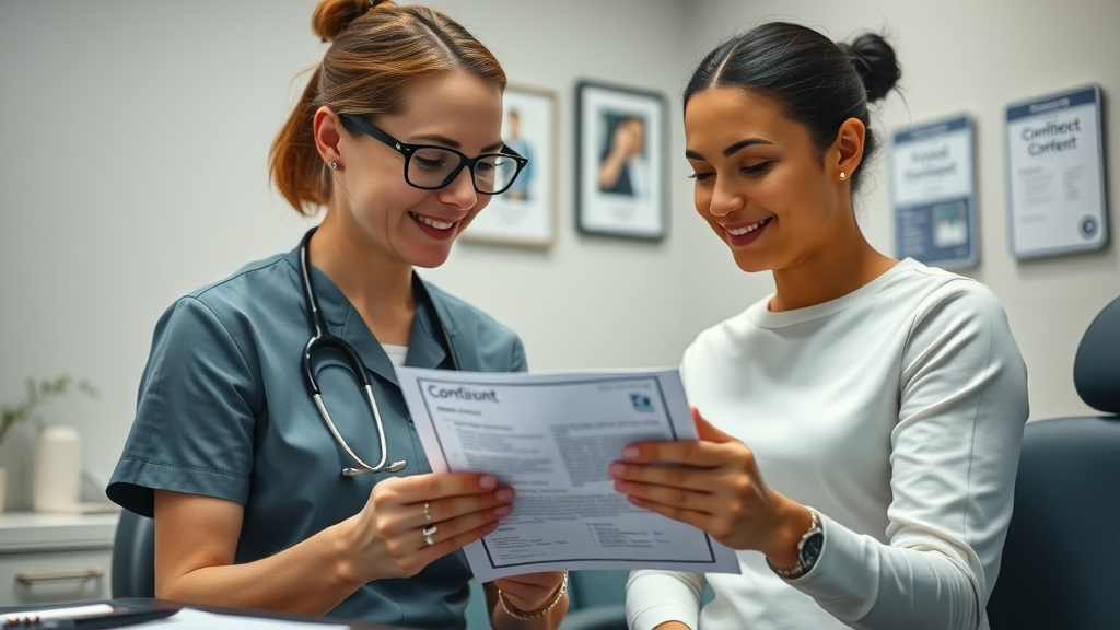 professional dental administrator reviewing consent forms with patient, compliance in dental social media marketing
