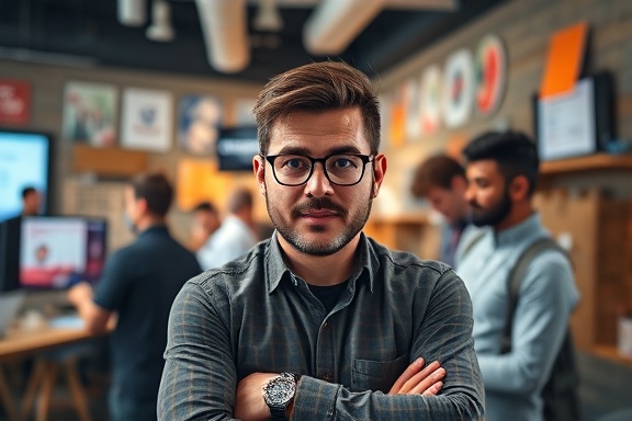 effective content branding, determined expression, innovating, photorealistic, bustling marketing agency with brand elements everywhere, highly detailed, employees collaborating dynamically, ultra-high definition, rich colors, warm ambient light, shot with a 35mm lens.