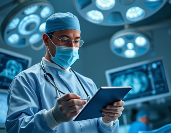 determined surgeon, reviewing surgical procedures, holding surgical tools, photorealistic, in a high-tech operating theater with monitors and surgical lights, highly detailed, intense focus, sharp focus on foreground, cool blue, LED surgical lighting, shot with an 85mm lens.