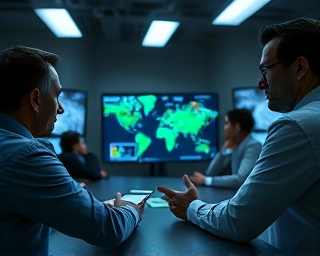strategic content distribution, focused expression, analyzing, photorealistic, high-tech media room with screens and maps, highly detailed, team planning actively, HD quality, muted colors, cool fluorescent lighting, shot with an 85mm lens.