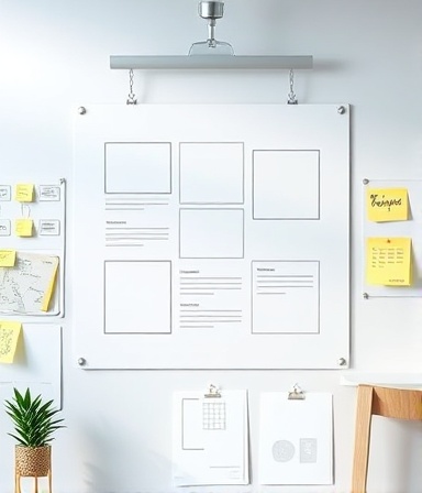 minimalist website wireframe, organized, demonstrating layout structure, photorealistic, design studio background with white boards and sticky notes, highly detailed, fluid interactions and placeholders, crisp resolution, subtle blues and greens, diffused daylight, shot with a macro lens.