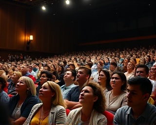 engaging content audience, captivated expression, interacting, photorealistic, large auditorium with diverse audience and presentations, highly detailed, audience responding enthusiastically, 1080p resolution, bold colors, spotlight ambiance, shot with a 70-200mm lens.