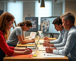 dynamic content development, concentrated expression, crafting, photorealistic, collaborative workspace with multiple teams and digital boards, highly detailed, multiple dynamic interactions, professional quality, natural tones, balanced LED lighting, shot with a 28mm lens.