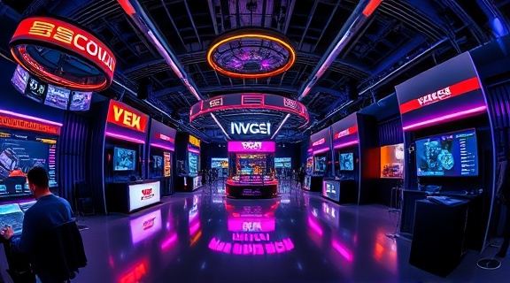 interactive website interface, dynamic, handling real-time updates, photorealistic, tech expo environment with VR booths, highly detailed, 3D elements and live data display, crystal-clear definition, neon highlights, dramatic contrasting lighting, shot with a fisheye lens.
