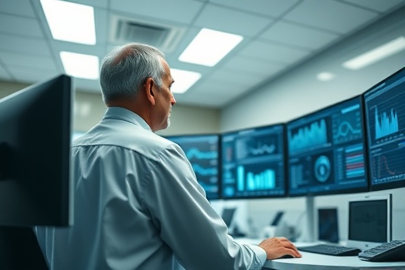 strategic medical optimization, determined, analyzing patient flow data, photorealistic, state-of-the-art hospital analytics lab, highly detailed, multiple monitors displaying graphs, crisp resolution, neutral tones, fluorescent lighting, shot with a 50mm lens.