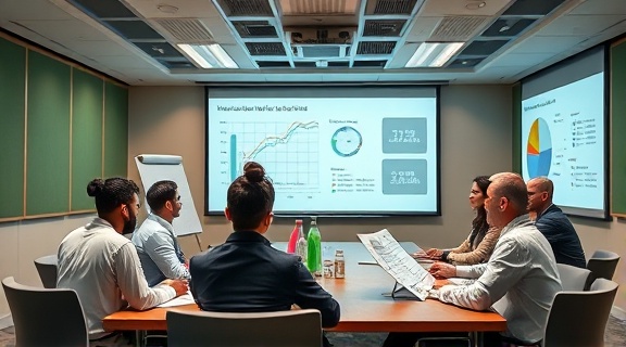 comprehensive medical marketing analysis, thoughtful, compiling statistical reports, photorealistic, collaborative meeting room with projected graphs, highly detailed, dynamic pie charts, finely textured, calm greens, overhead fluorescent lighting, shot with a 70-200mm lens.