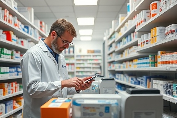 attentive pharmacist, packaging medications, handling prescriptions, photorealistic, in a well-organized pharmacy with shelves filled with medical supplies, highly detailed, bustling workspace, medium aperture, neutral white, bright fluorescent lighting, shot with a 24mm lens.