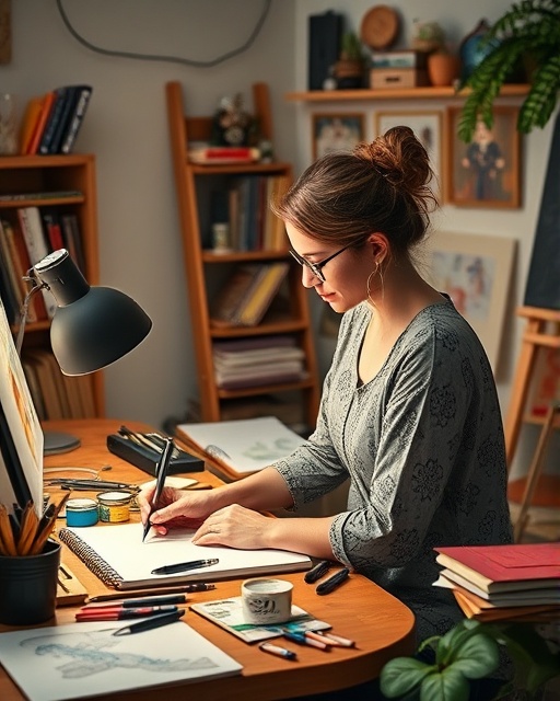 creative content creation, inspired expression, designing, photorealistic, cozy studio with digital tools and sketchbooks, highly detailed, artist working passionately, 4K quality, vibrant colors, soft studio lighting, shot with a 24mm lens.