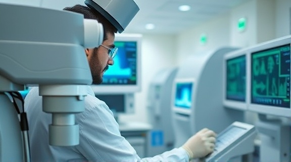 analytical medical technician, operating a complex machine, focused on readings, photorealistic, in a diagnostic center with digital displays and control panels, highly detailed, precision-oriented, narrow depth of field, balanced white, soft focused secondary lighting, shot with a 60mm lens.