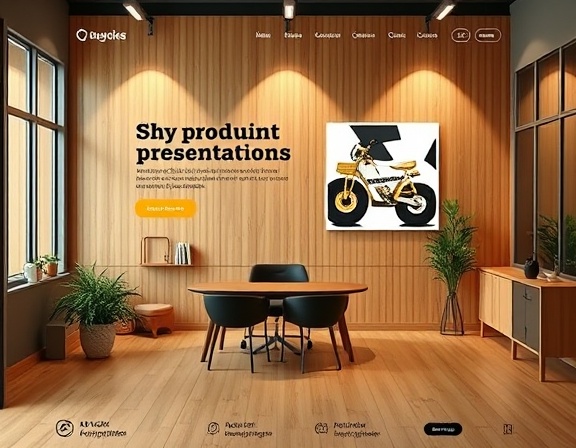 sleek website template, intuitive, showcasing product presentations, photorealistic, minimalistic office setting with wooden textures, highly detailed, dynamic hover effects and scrolling, high-resolution, earthy tones, ambient lighting, shot with a 24-70mm lens.