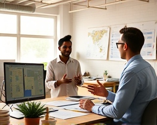 innovative content marketing, confident expression, strategizing, photorealistic, open-plan office with creative tools and charts, highly detailed, marketers engaging in animated discussion, 4K resolution, vivid palette, morning sun filtered light, shot with a 50mm lens.