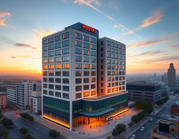 cutting-edge medical ranking, confident, evaluating healthcare facilities, photorealistic, high-rise urban hospital building with bustling city life, highly detailed, animated infographics, precise clarity, dynamic colors, sunrise lighting, shot with a wide-angle lens.
