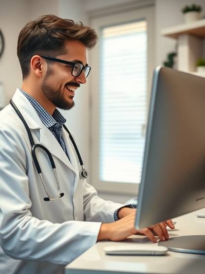 Happy doctor using desktop in small medical clinic for patient care.